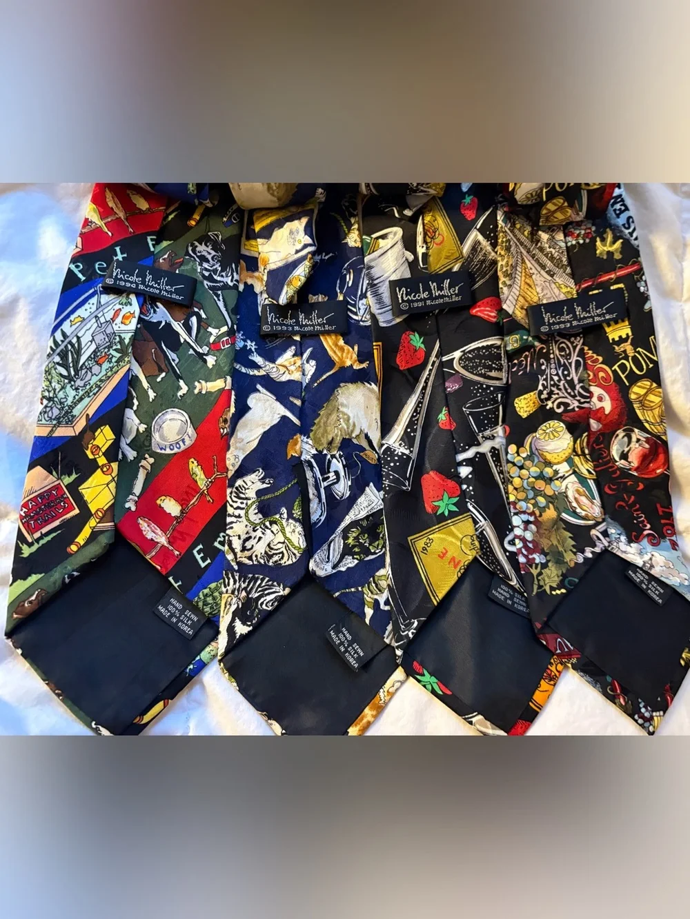 Nicole Miller Silk necktie set; Cats, Dogs, Wine/Food, Nice!